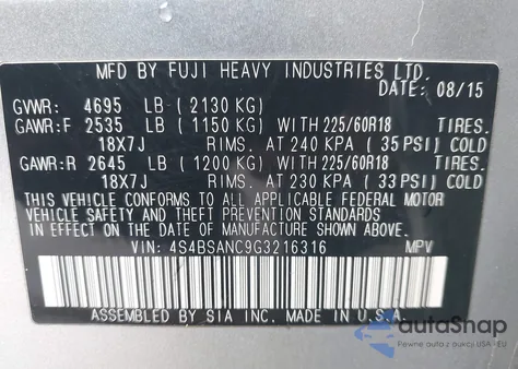 2016 Subaru Outback 2.5I Limited из США, поврежденный, VIN 4S4BSANC9G3216316